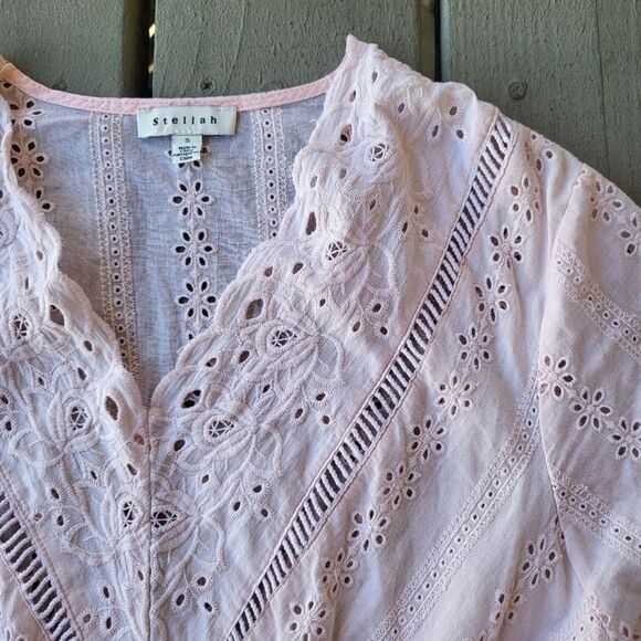 Stellah Blush Pink Cotton Embroidered Eyelet‎ Fit & Flare Cottagecore Mini Dress - Picture 5 of 6